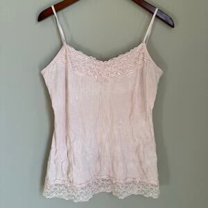 Maurices Pink Crinkle Tank Top Lace Trim Coquette Cami Fairy Romantic Preppy